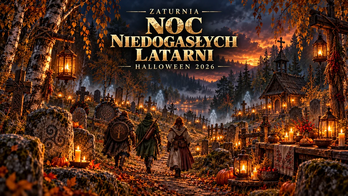 Noc Niedogasłych Latarni - Halloween 2026, wędrowcy przybywają do rozświetlonego latarniami jesiennego mogilnika