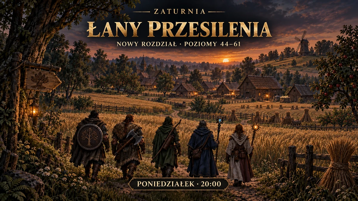 Łany Przesilenia: pięcioro wędrowców spogląda na pola, sady i Snopowice o zachodzie słońca